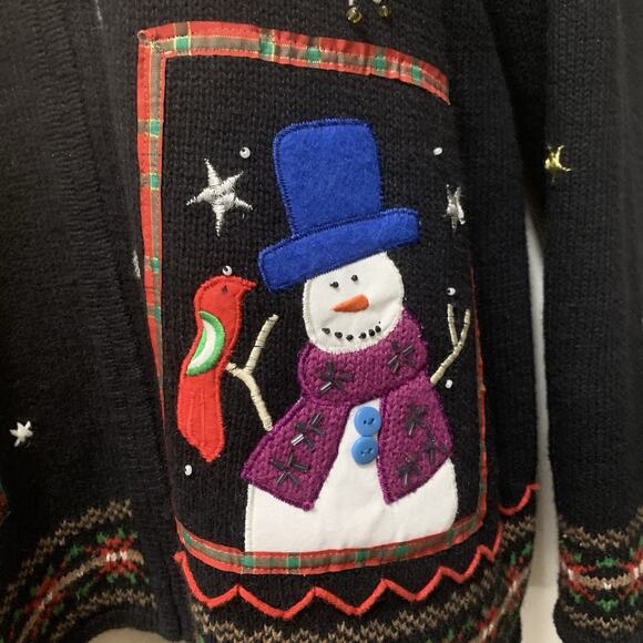 Vintage Studio Joy Snowman Christmas Sweater Jacket 1X Black Faux Fur Collar - Picture 5 of 9